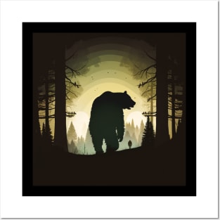 Forest with  Bear and Man Silhouette, Adventure Posters and Art